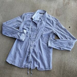 LUIGI BERTOLLI Striped Pintuck Lace Trim Button Up Shirt Women Size 38 Medium